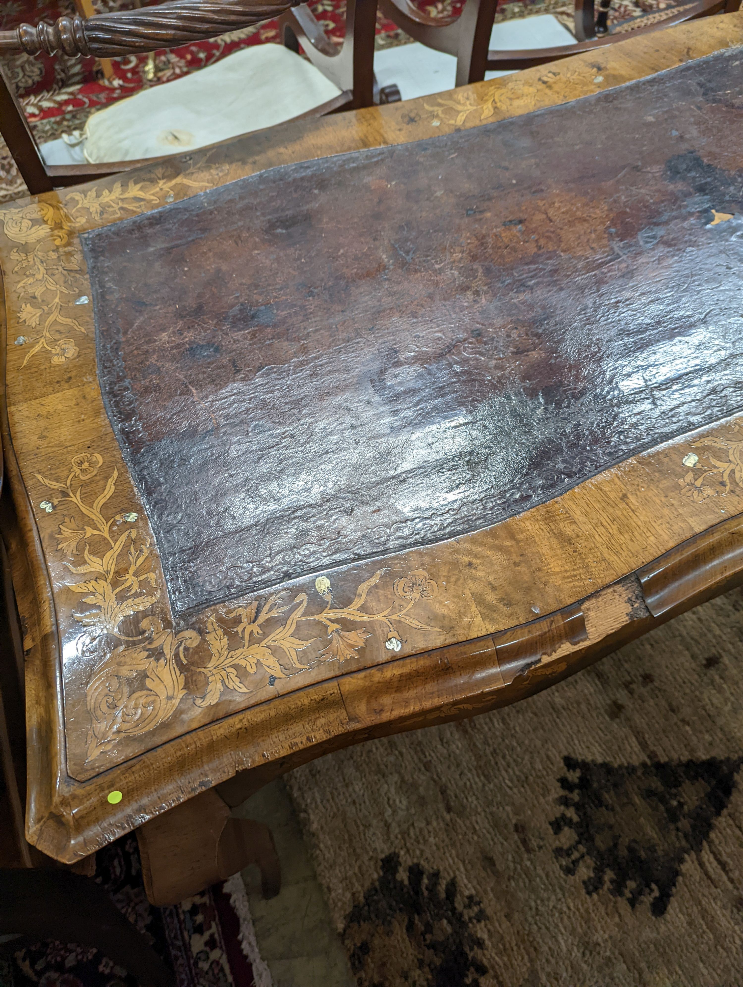 A 19th century mother of pearl and marquetry inlaid writing table, width 120cm, depth 65cm, height 73cm